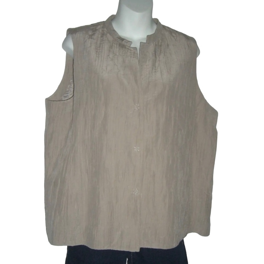 Eileen Fisher Blouse Sleeveles Shirt Silk Blend Khaki Mandarin Collar Crinkle L